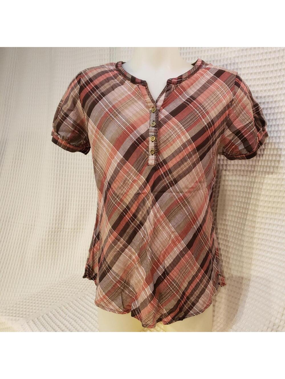 Christopher & Banks Plaid Blouse Brown/Pink/White